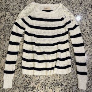 Hollister Women’s XS White & Navy Blue Striped Long-Sleeve Knit & Lace Blouse